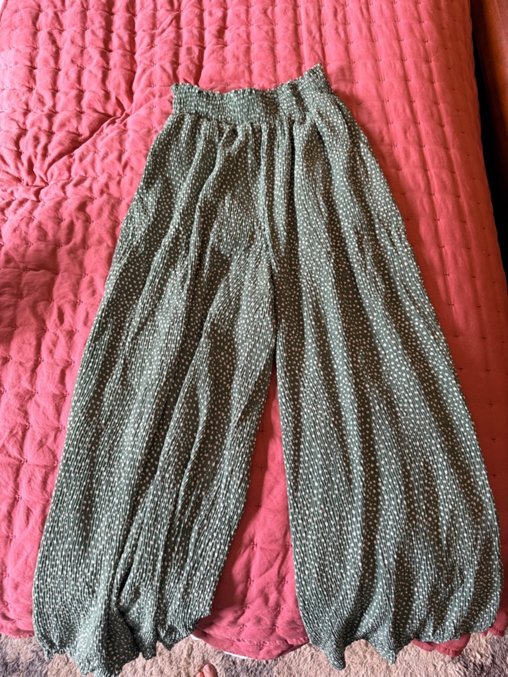 Smocked Waist Olive Green Wide-Leg Polka Dot Pants
